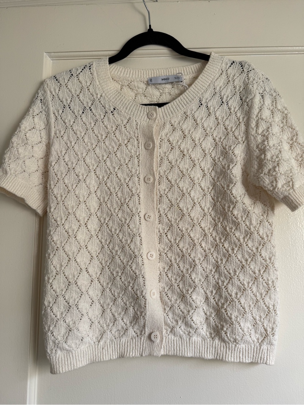Mango Cream Short-Sleeve Button-Up Knit Cardigan